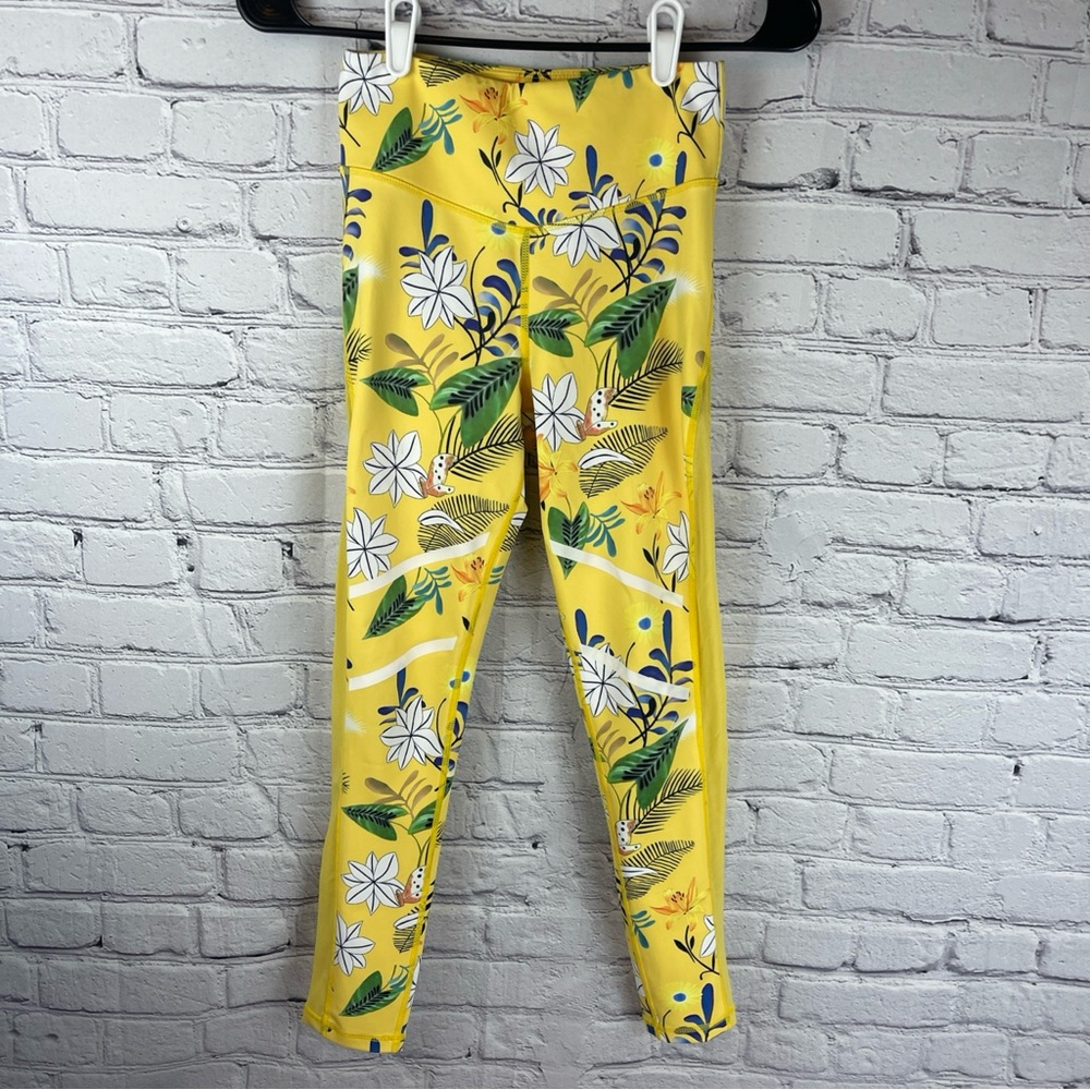 Zyia Active Leggings Light N Tight Womens 2 Yellow Floral High Rise Mesh Reflect